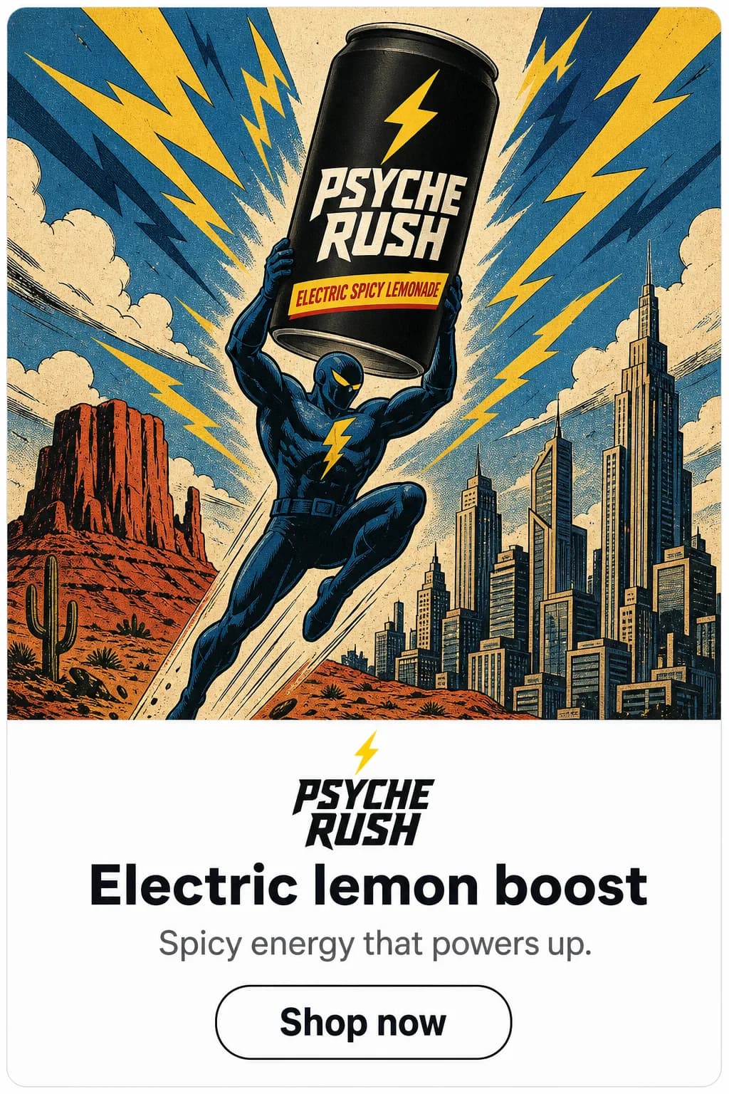 Comic poster Psyche Rush ad creative reading electric lemon boost