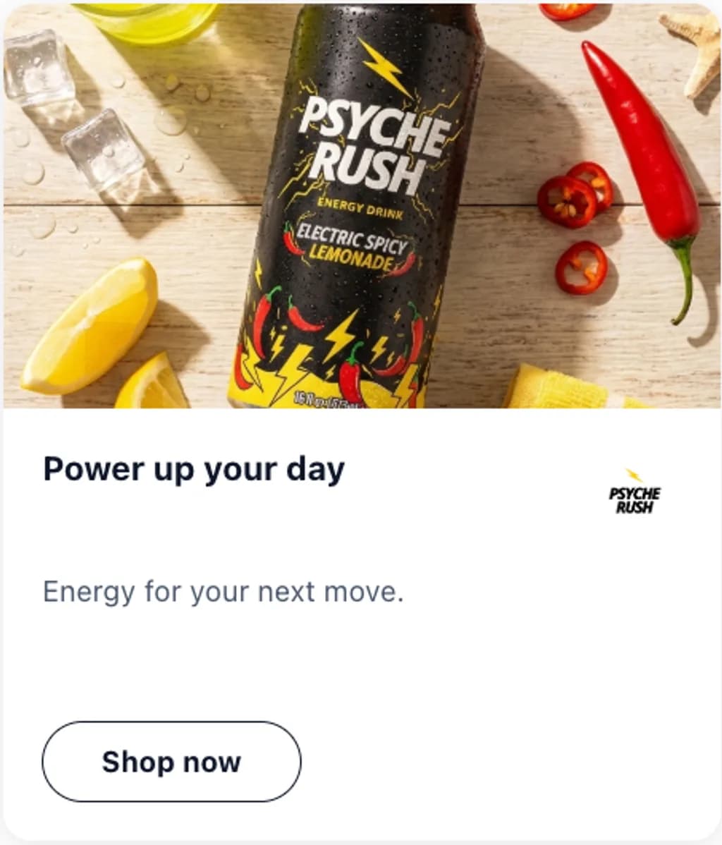 Psyche Rush ad creative reading power up your day with a shop now button