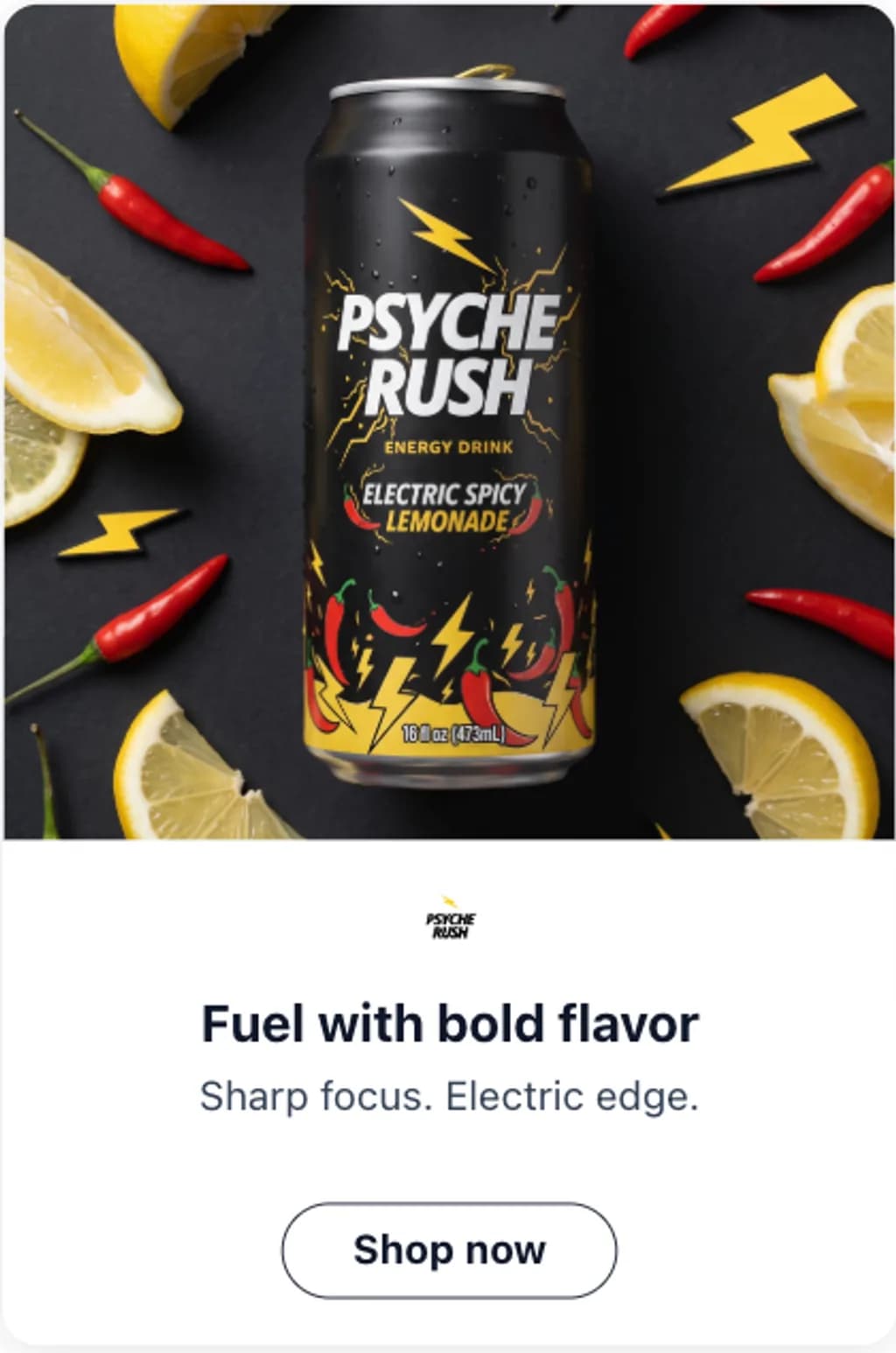 Psyche Rush tall ad creative reading fuel with bold flavor with a shop now button