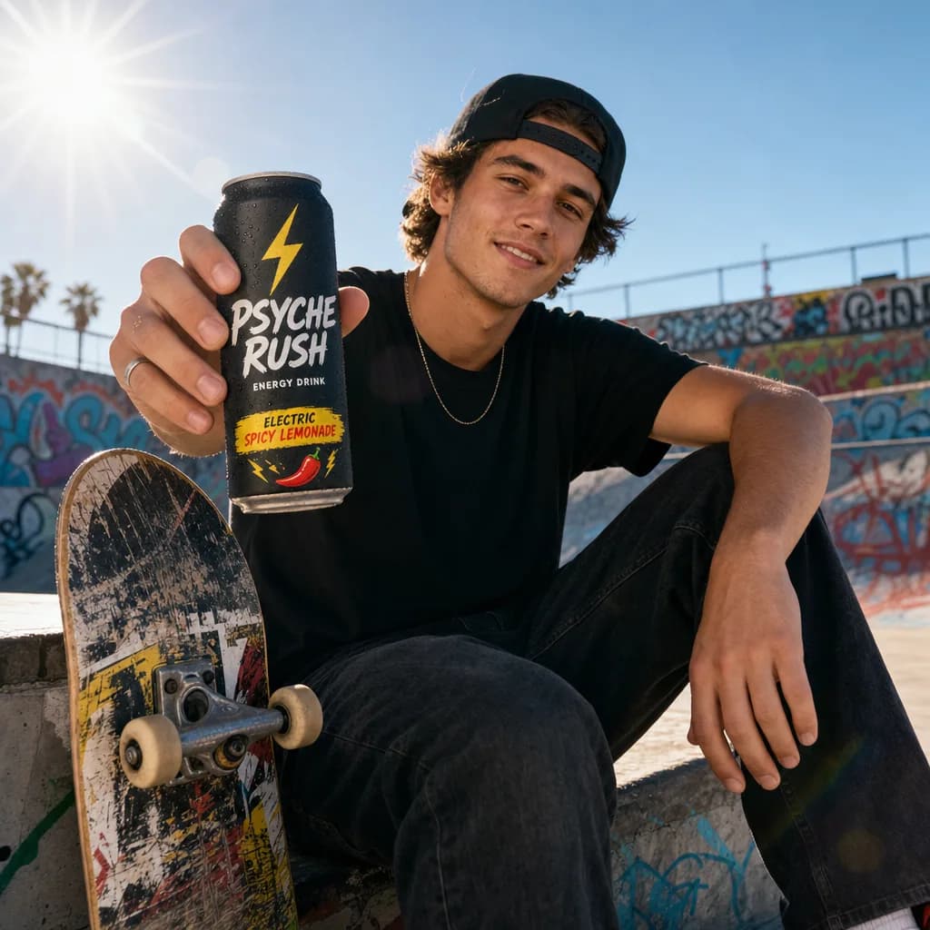 Skater at a sunlit skatepark holding a Psyche Rush energy drink can