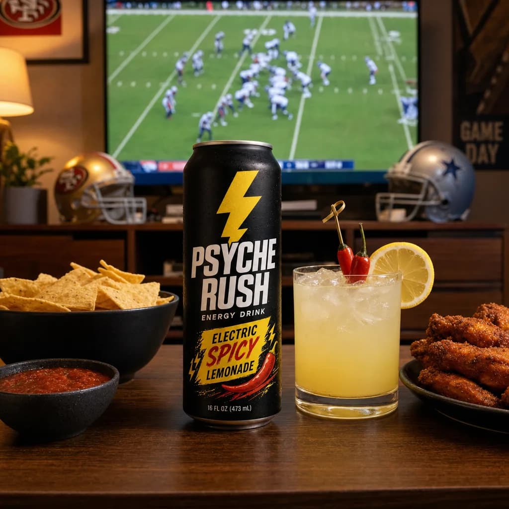 Psyche Rush can and a spicy lemonade on a game day table