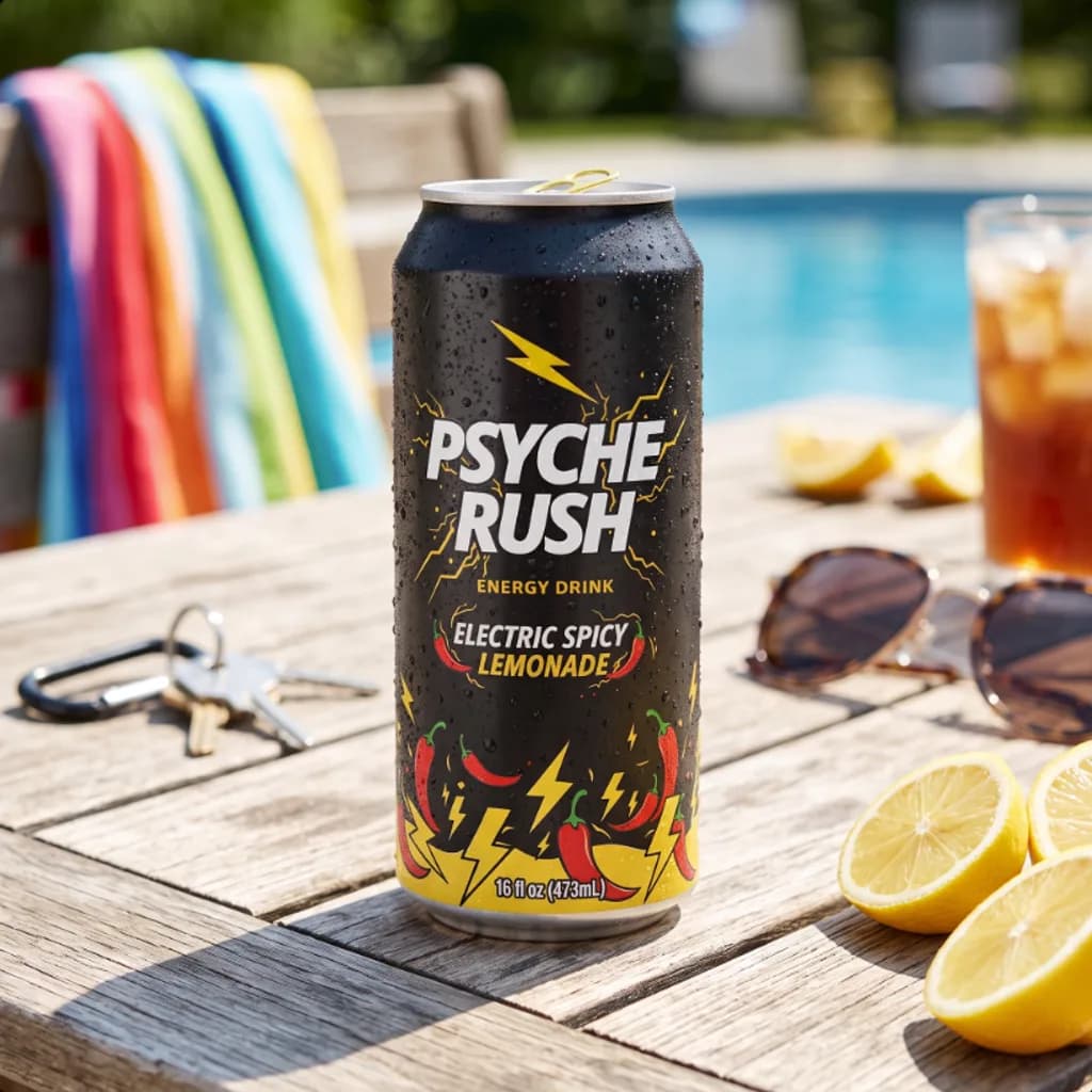 Psyche Rush can on a poolside table with iced tea, lemons and sunglasses