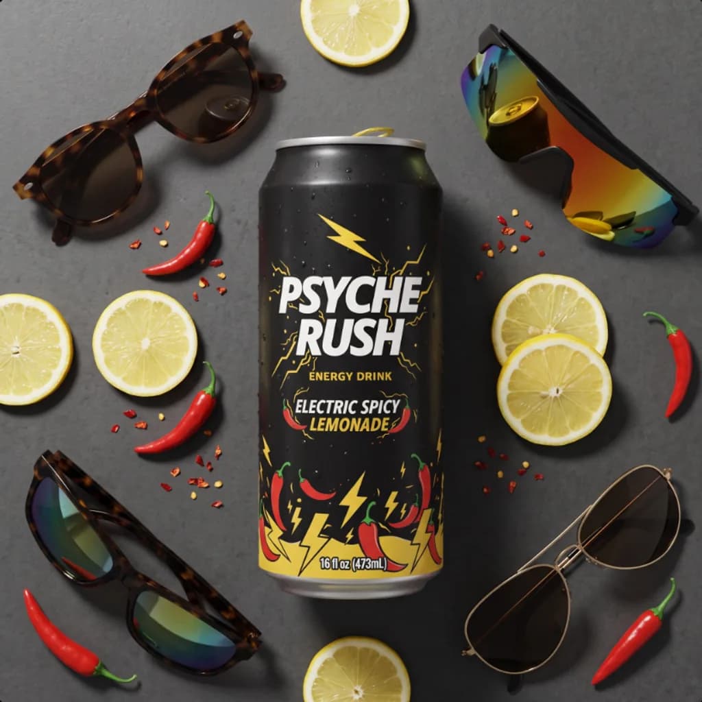 Psyche Rush can flat lay on slate with sunglasses, lemon slices and chillies