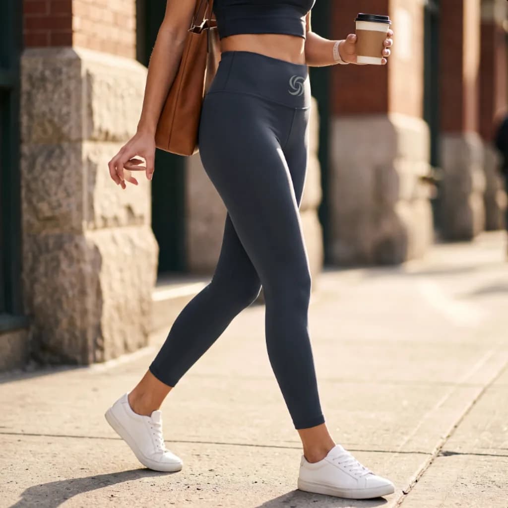 Woman walking a city sidewalk in Stride and Soul studio leggings with a coffee and a tote