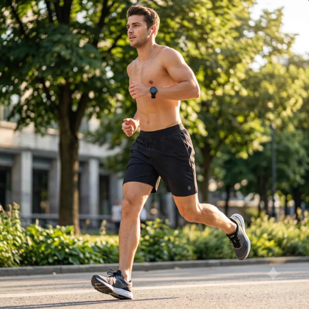 Runner on a tree-lined street in Stride and Soul gym ready stretch shorts