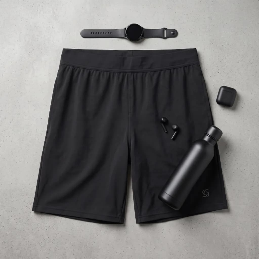 Stride and Soul gym ready stretch shorts flat lay with a watch, earbuds and a water bottle