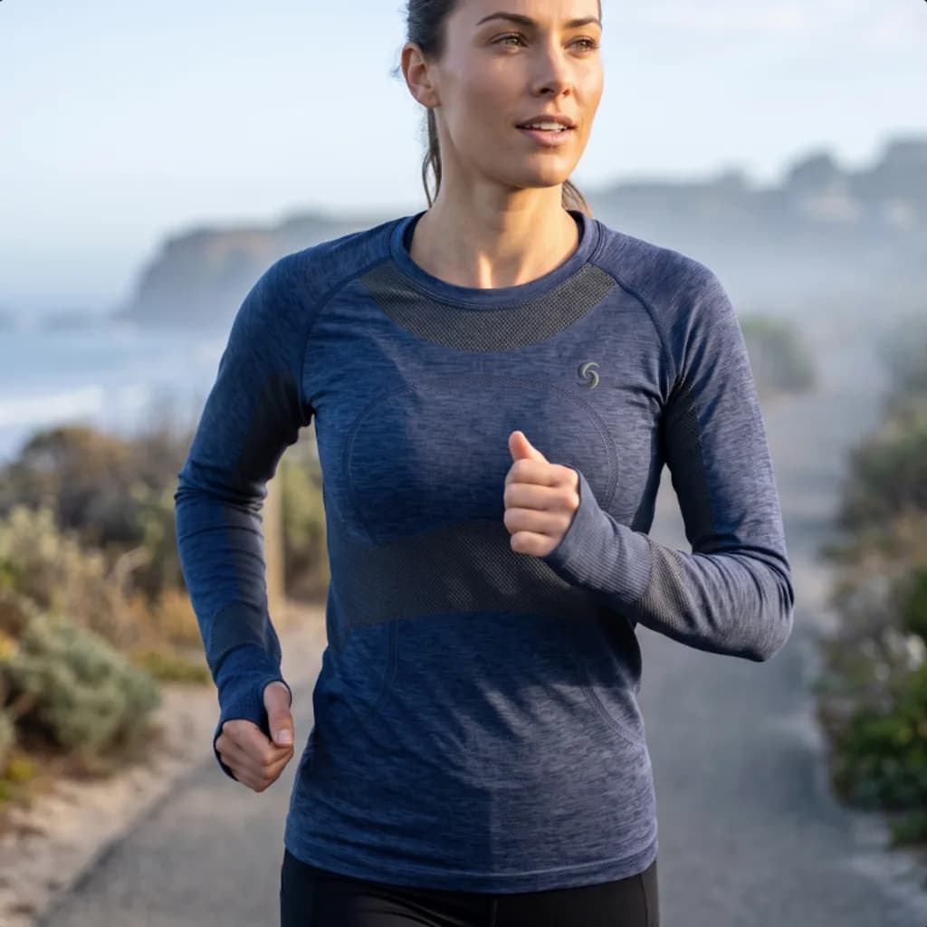 Woman running a misty coastal path in the Stride and Soul seamless long sleeve top
