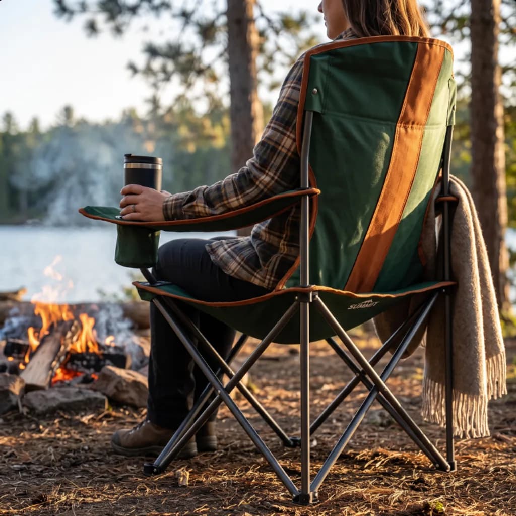 Woman by a lakeside campfire relaxing in the Summit folding camp chair at golden hour