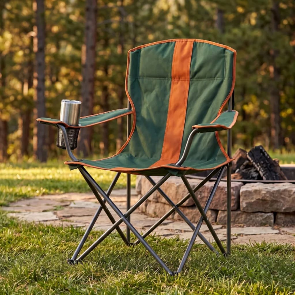 Summit folding camp chair set up on grass beside a stone fire pit