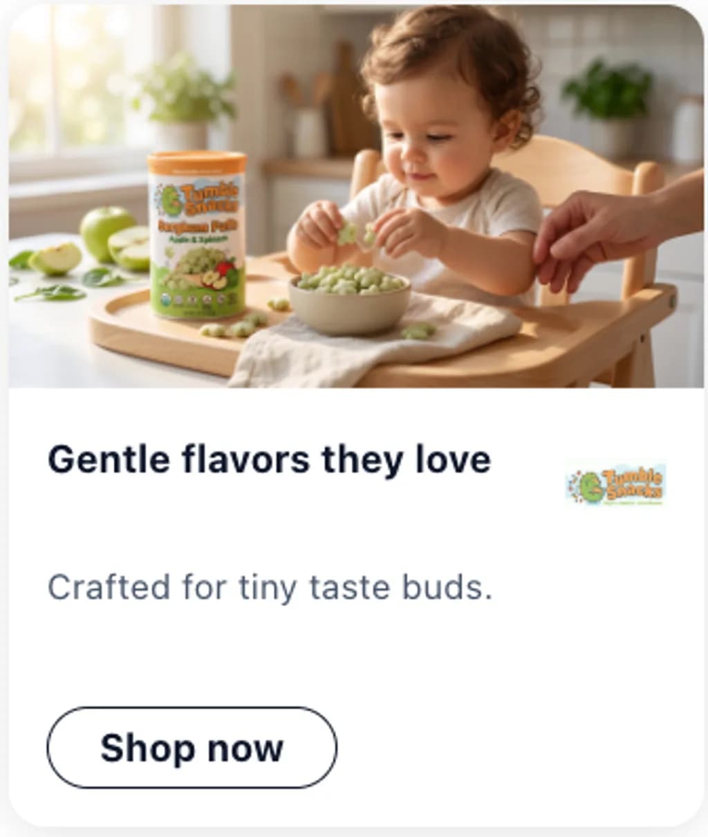 Tumble Snacks ad creative reading gentle flavors they love with a shop now button