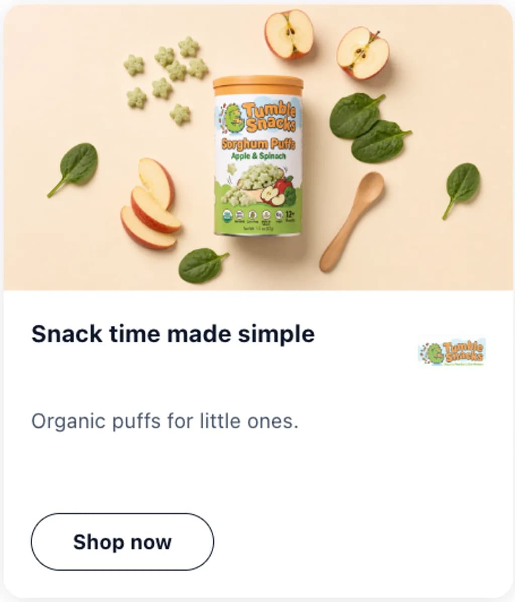 Tumble Snacks ad creative reading snack time made simple with a shop now button
