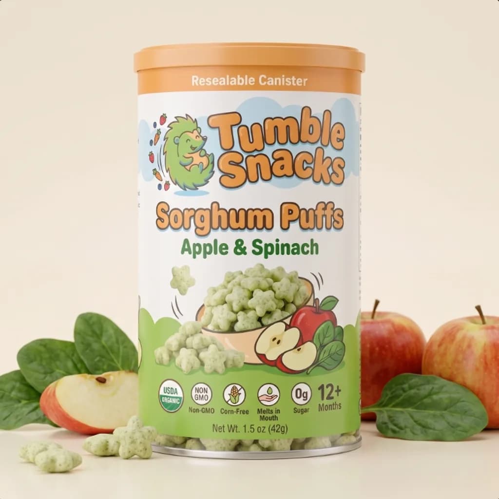 Tumble Snacks sorghum puffs canister studio photo with apples and spinach on cream