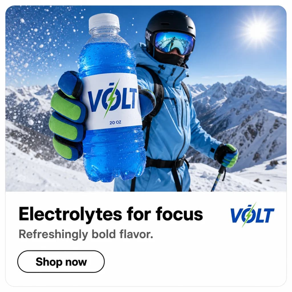 Volt ad creative with a skier holding the bottle and a shop now button