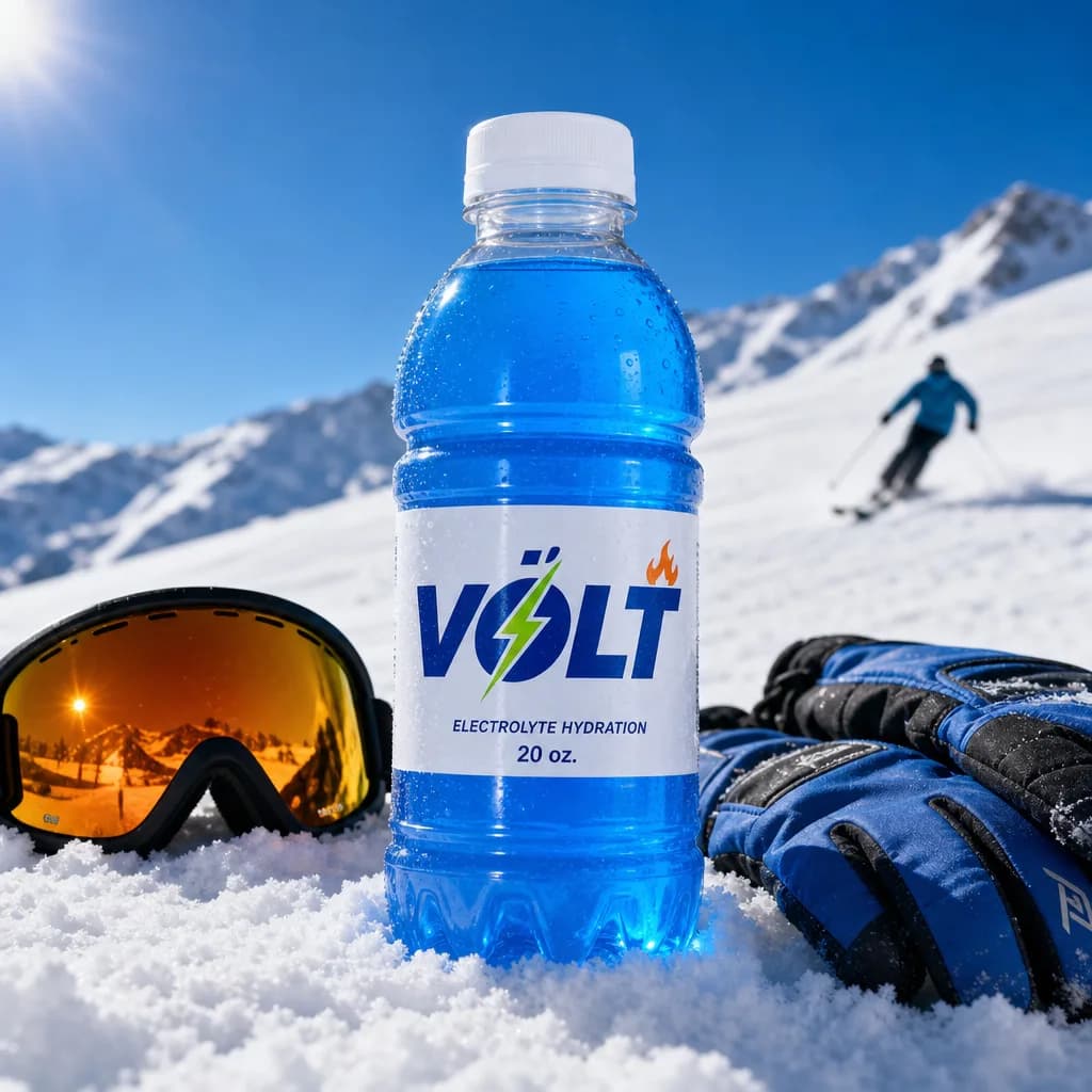Volt electrolyte bottle in fresh snow beside ski goggles and gloves