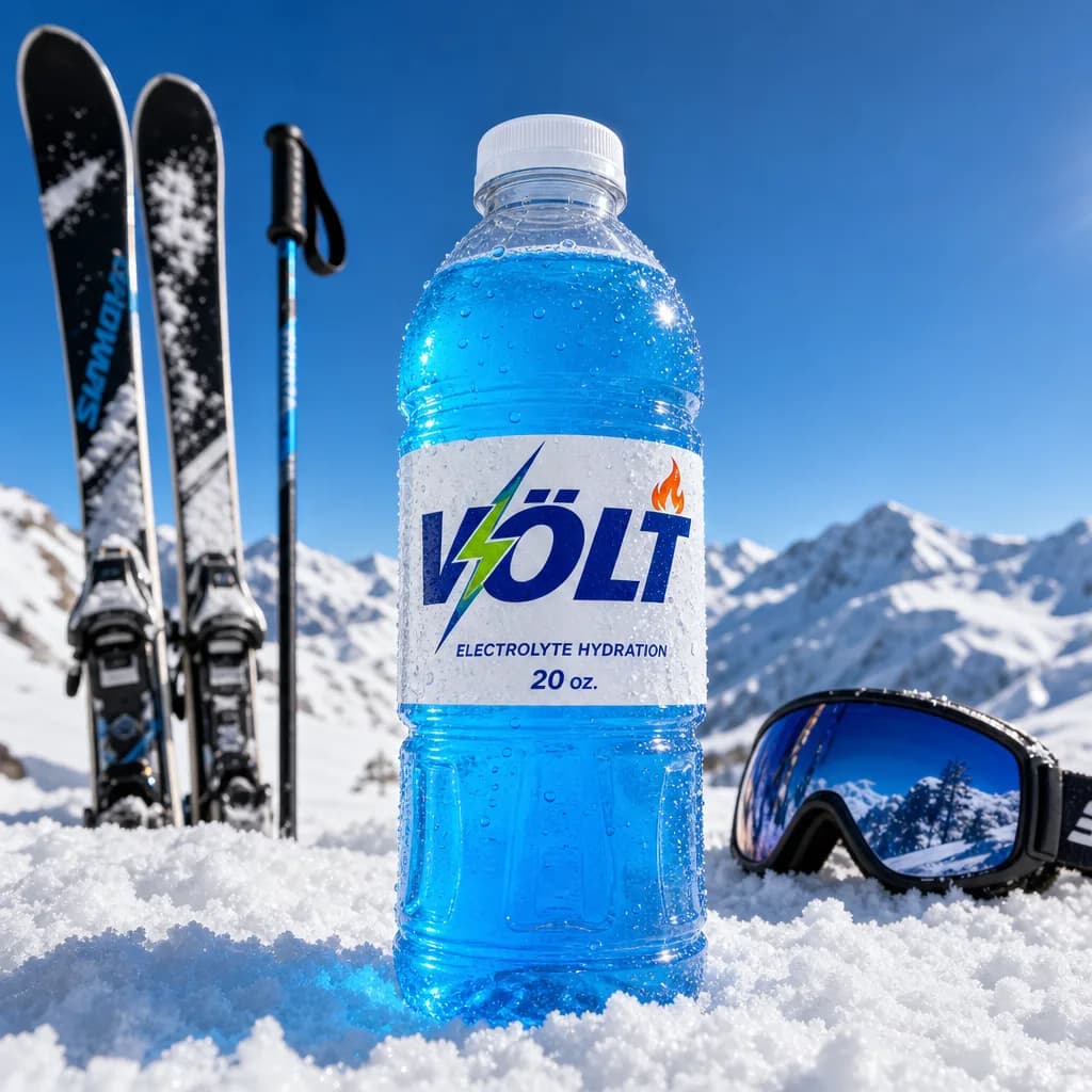 Volt electrolyte bottle in snow with skis, poles and goggles