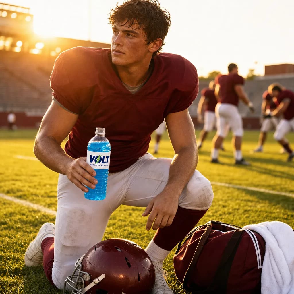 Football player on a sunlit field holding a Volt electrolyte bottle