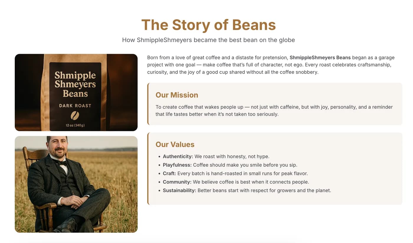 Brand Story module pairing mission and values panels with product photography