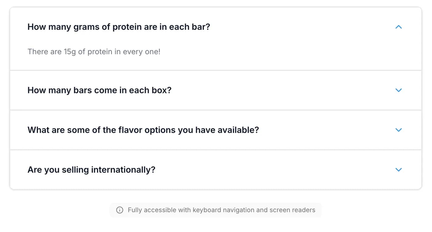 FAQ accordion module answering protein bar questions