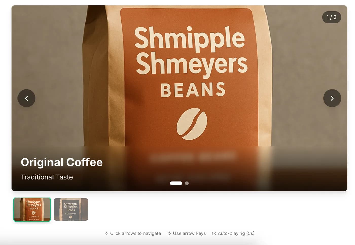 Image carousel module showing a Shmipple Shmeyers coffee bag captioned Original Coffee