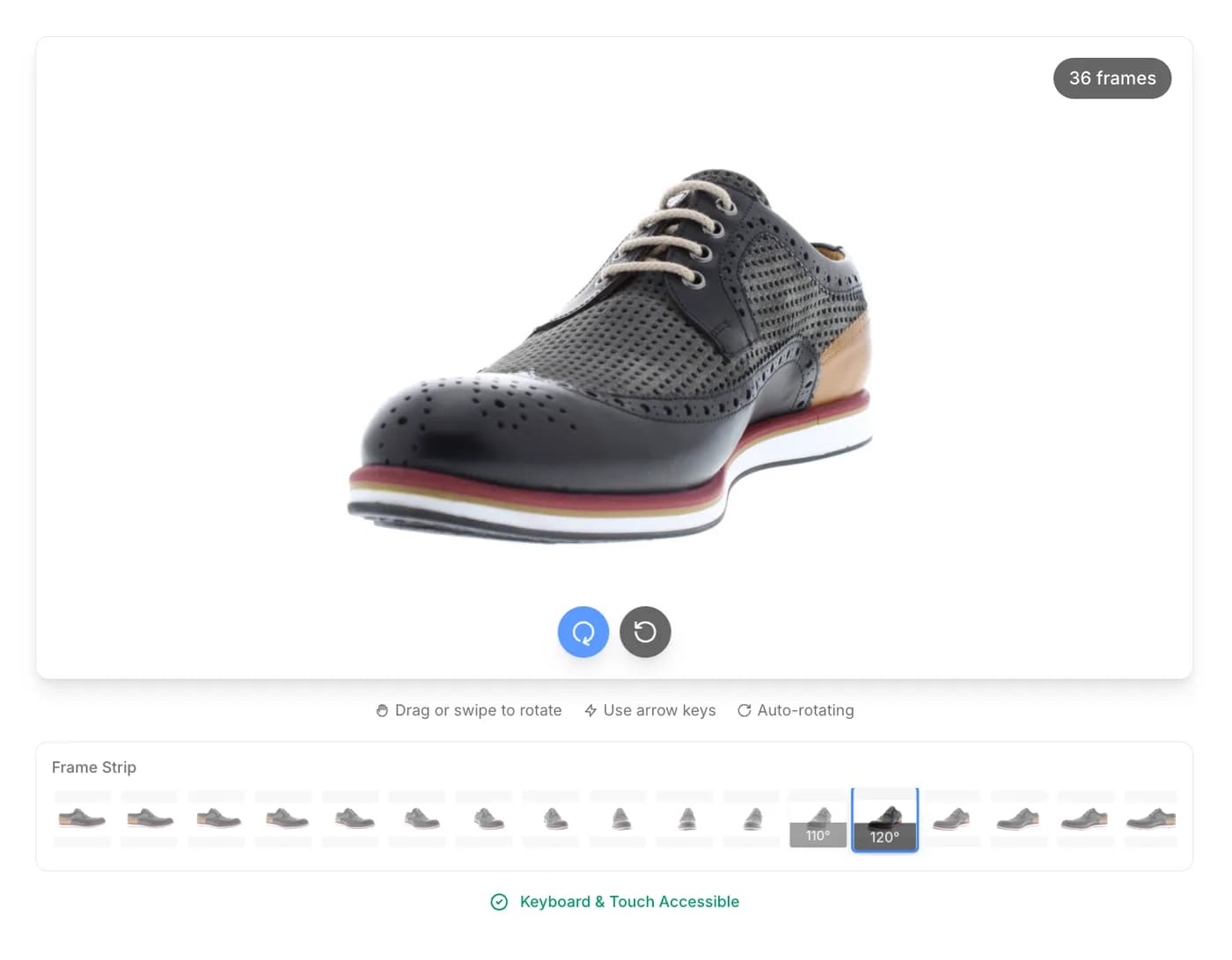 360 degree viewer module showing a leather brogue shoe with a frame strip