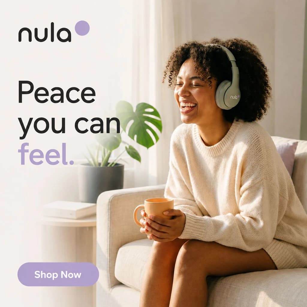 Existing square Nula ad of a smiling woman in headphones holding a mug, with the headline Peace you can feel and a Shop Now button