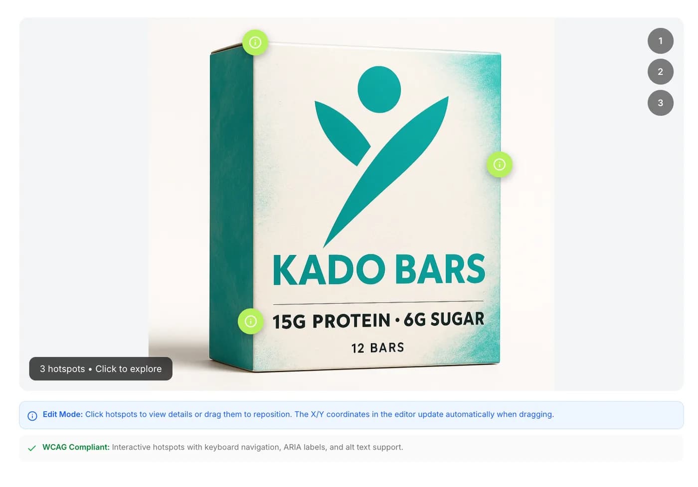 Product Tour module with interactive hotspots placed on a protein bar box