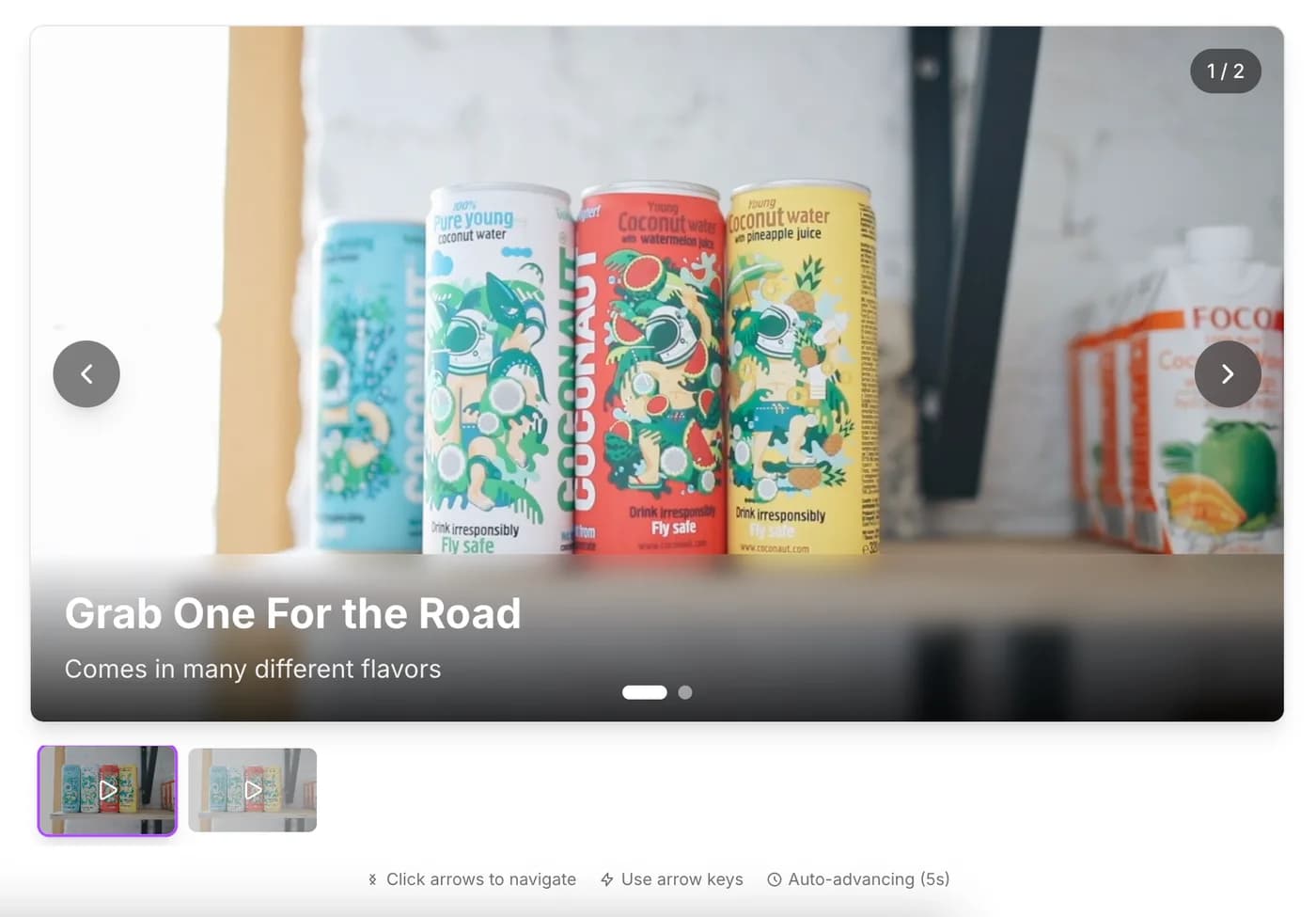 Video carousel module playing a coconut water clip captioned Grab One For the Road
